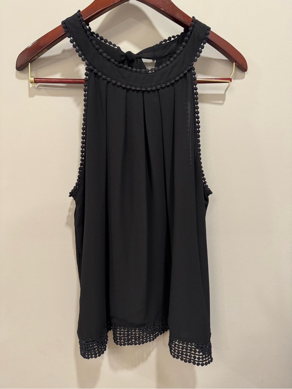 Naked Zebra Black Sleeveless High Neck Blouse Crochet-Style Trim